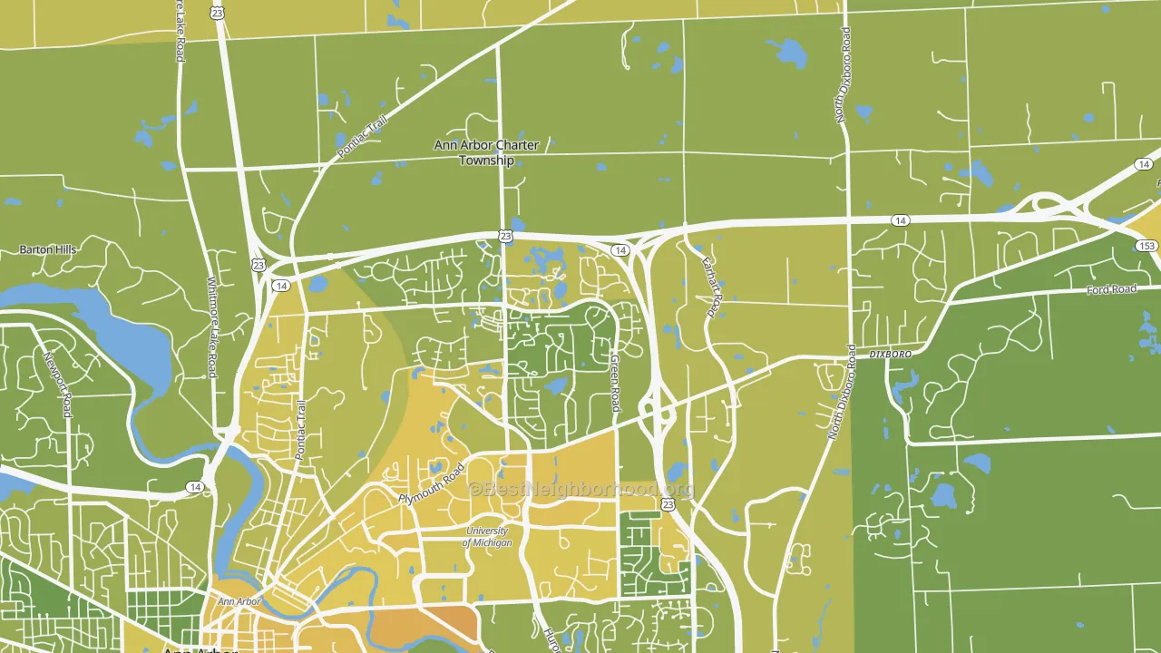 Map of the best neighborhoods in the Thurston, Ann Arbor area, with better matches in green and worse matches in red