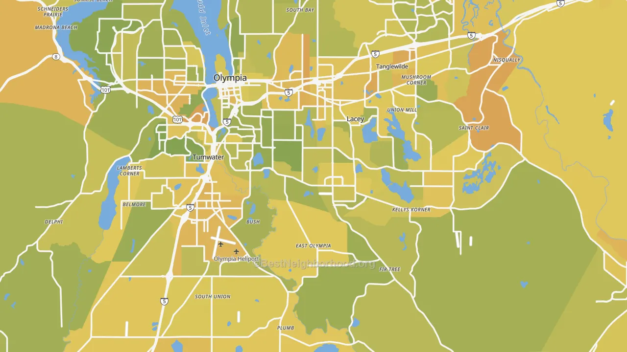 Map of the best neighborhoods in the Thurston County area, with better matches in green and worse matches in red