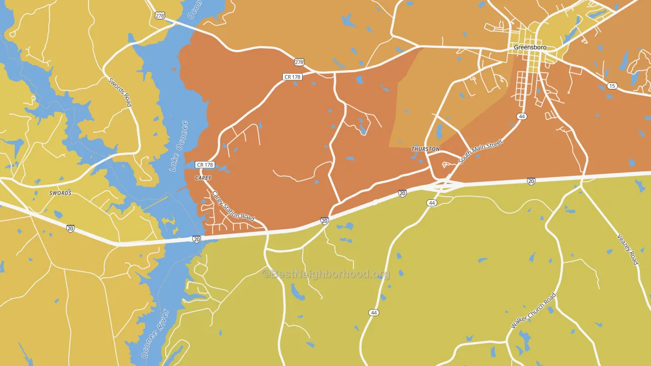 Map of the best neighborhoods in the Thurston area, with better matches in green and worse matches in red
