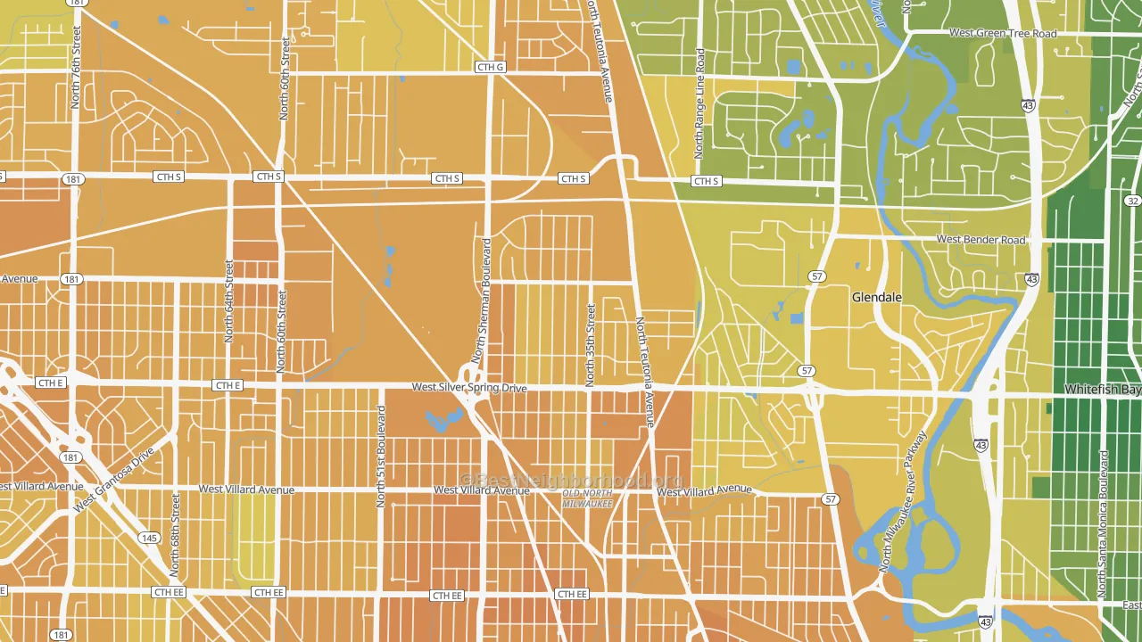 Map of the best neighborhoods in the Thurston Woods, Milwaukee area, with better matches in green and worse matches in red
