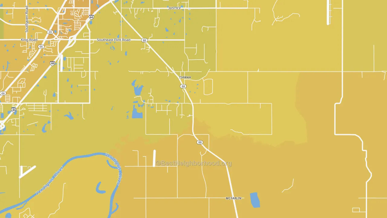 Map of the best neighborhoods in the Tiawah area, with better matches in green and worse matches in red