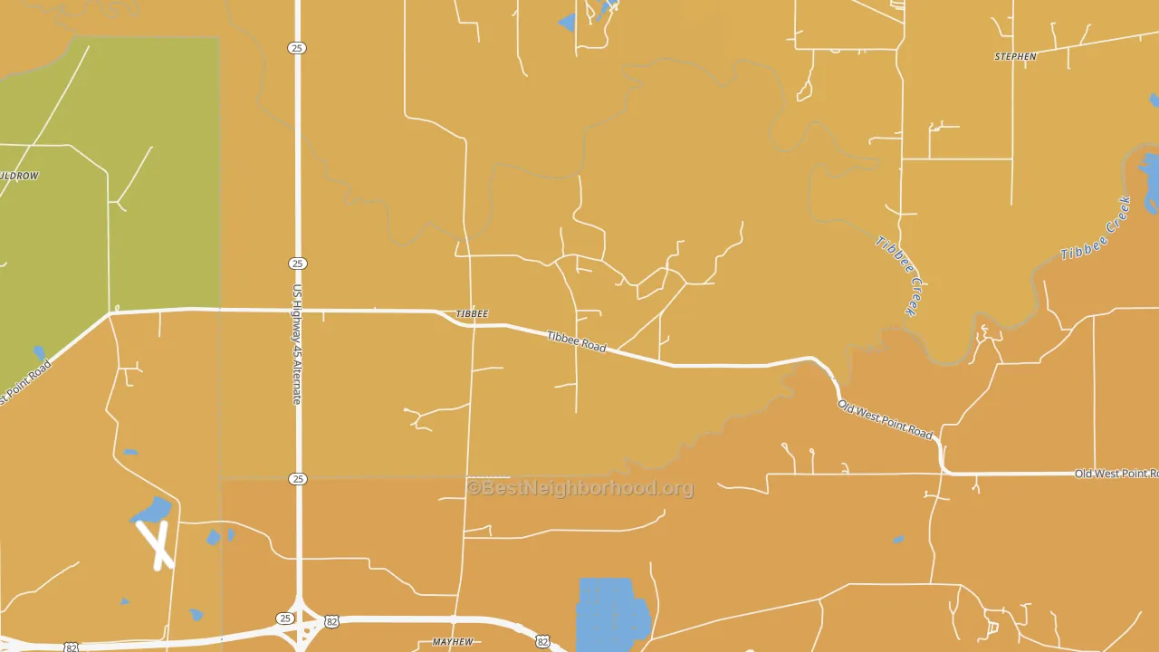 Map of the best neighborhoods in the Tibbee area, with better matches in green and worse matches in red