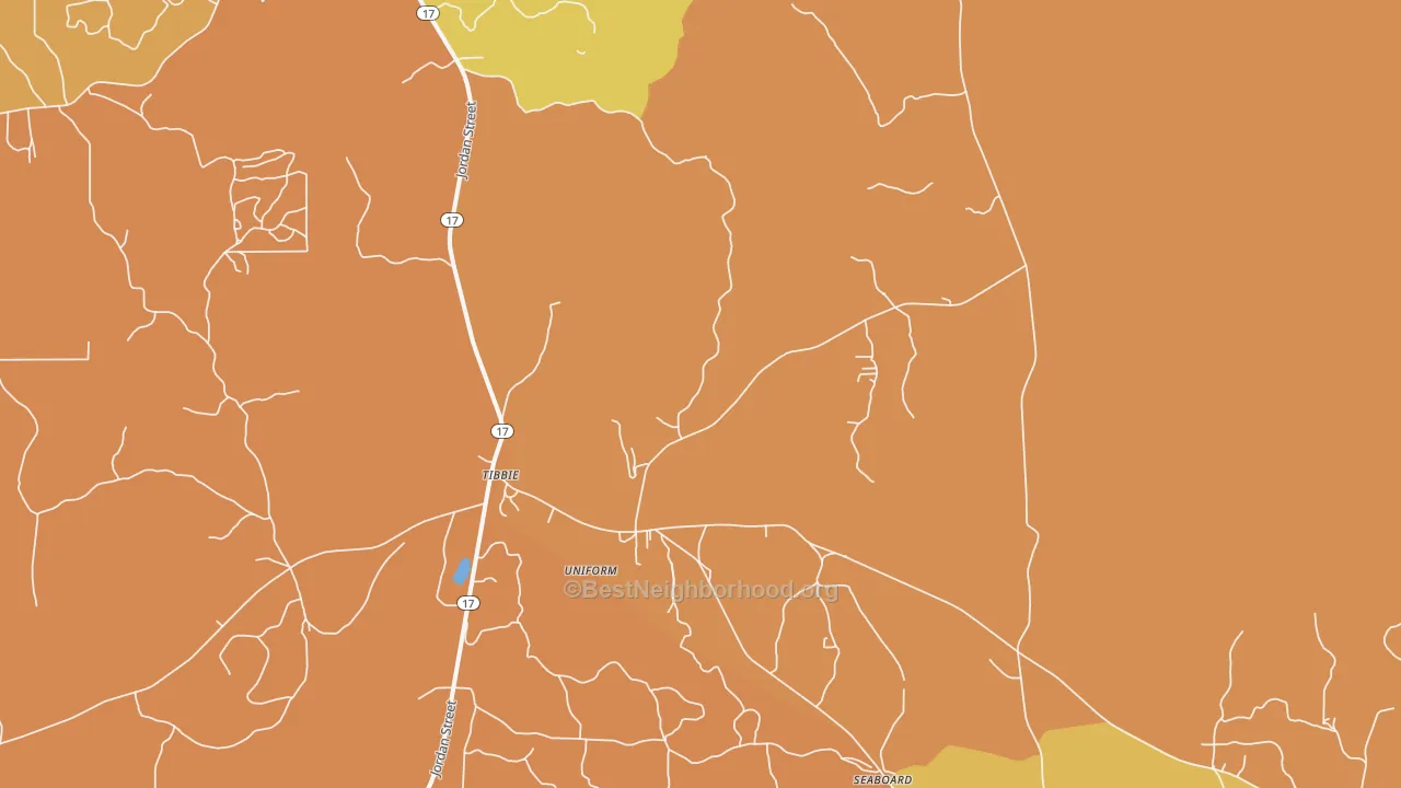 Map of the best neighborhoods in the Tibbie area, with better matches in green and worse matches in red