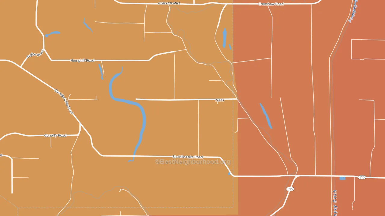 Map of the best neighborhoods in the Tibbs area, with better matches in green and worse matches in red