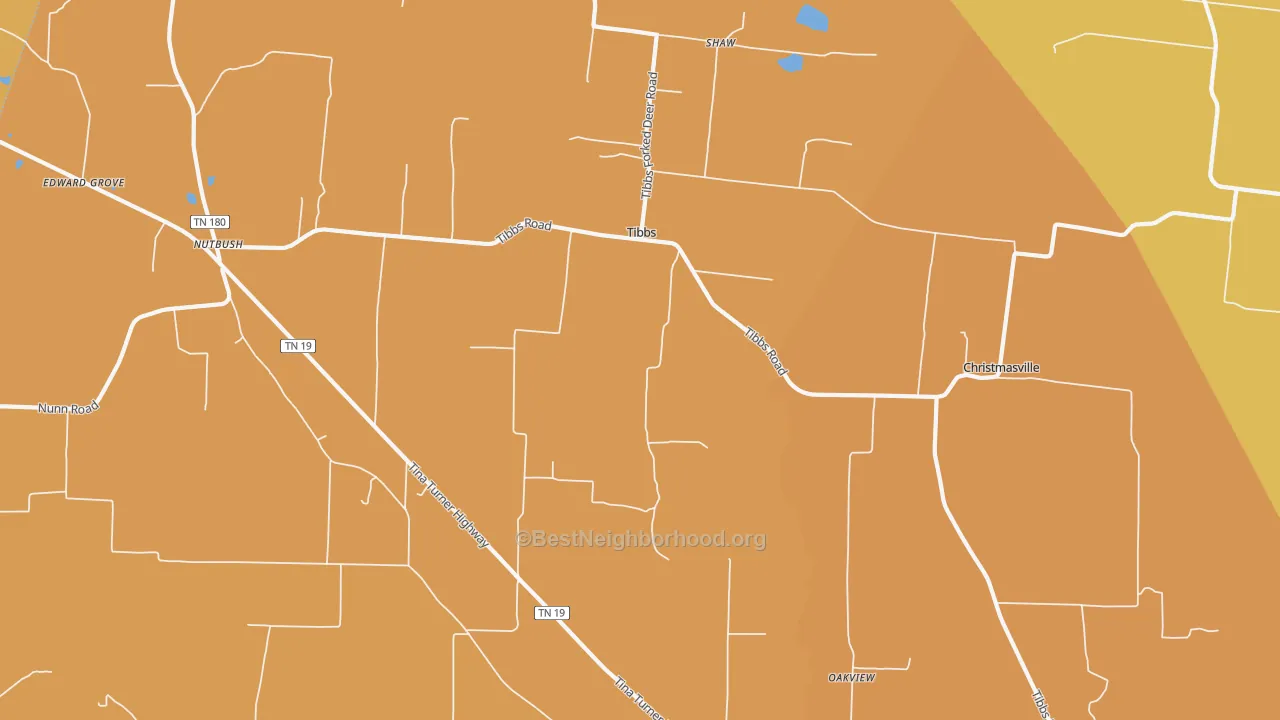 Map of the best neighborhoods in the Tibbs area, with better matches in green and worse matches in red