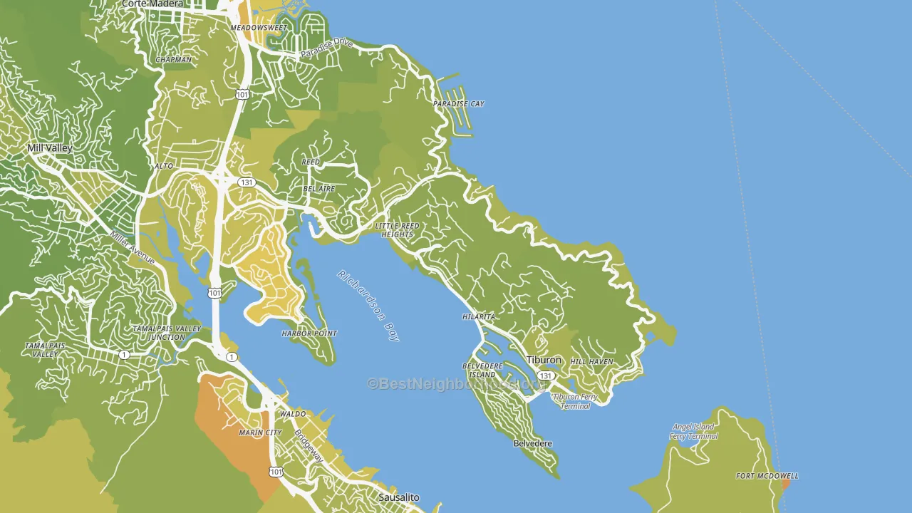 Map of the best neighborhoods in the Tiburon area, with better matches in green and worse matches in red