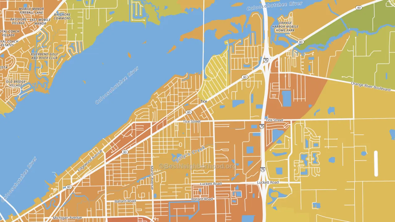 Map of the best neighborhoods in the Tice, Fort Myers area, with better matches in green and worse matches in red
