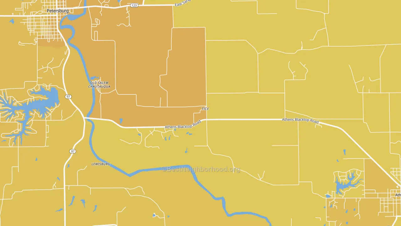 Map of the best neighborhoods in the Tice area, with better matches in green and worse matches in red