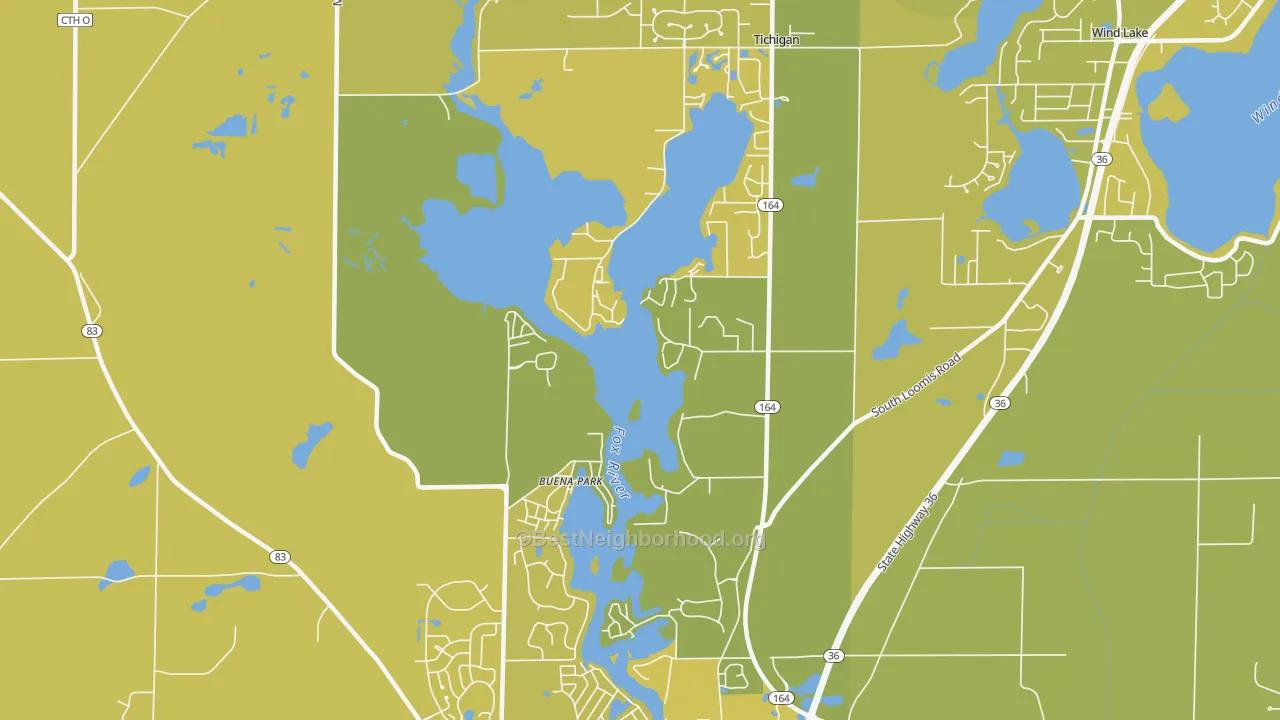 Map of the best neighborhoods in the Tichigan area, with better matches in green and worse matches in red
