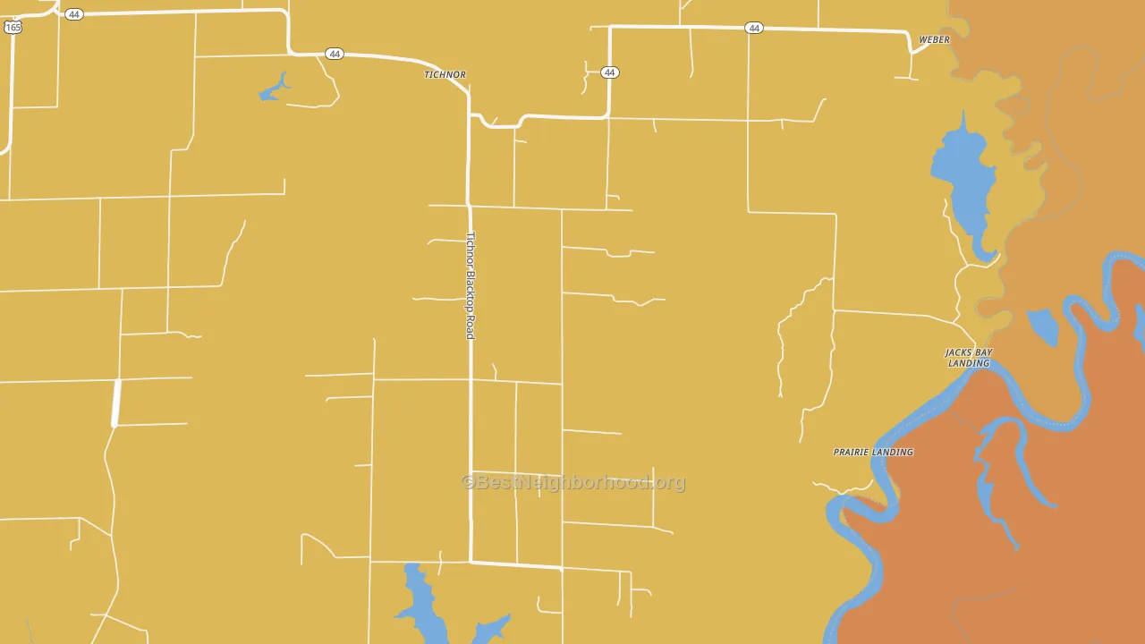 Map of the best neighborhoods in the Tichnor area, with better matches in green and worse matches in red