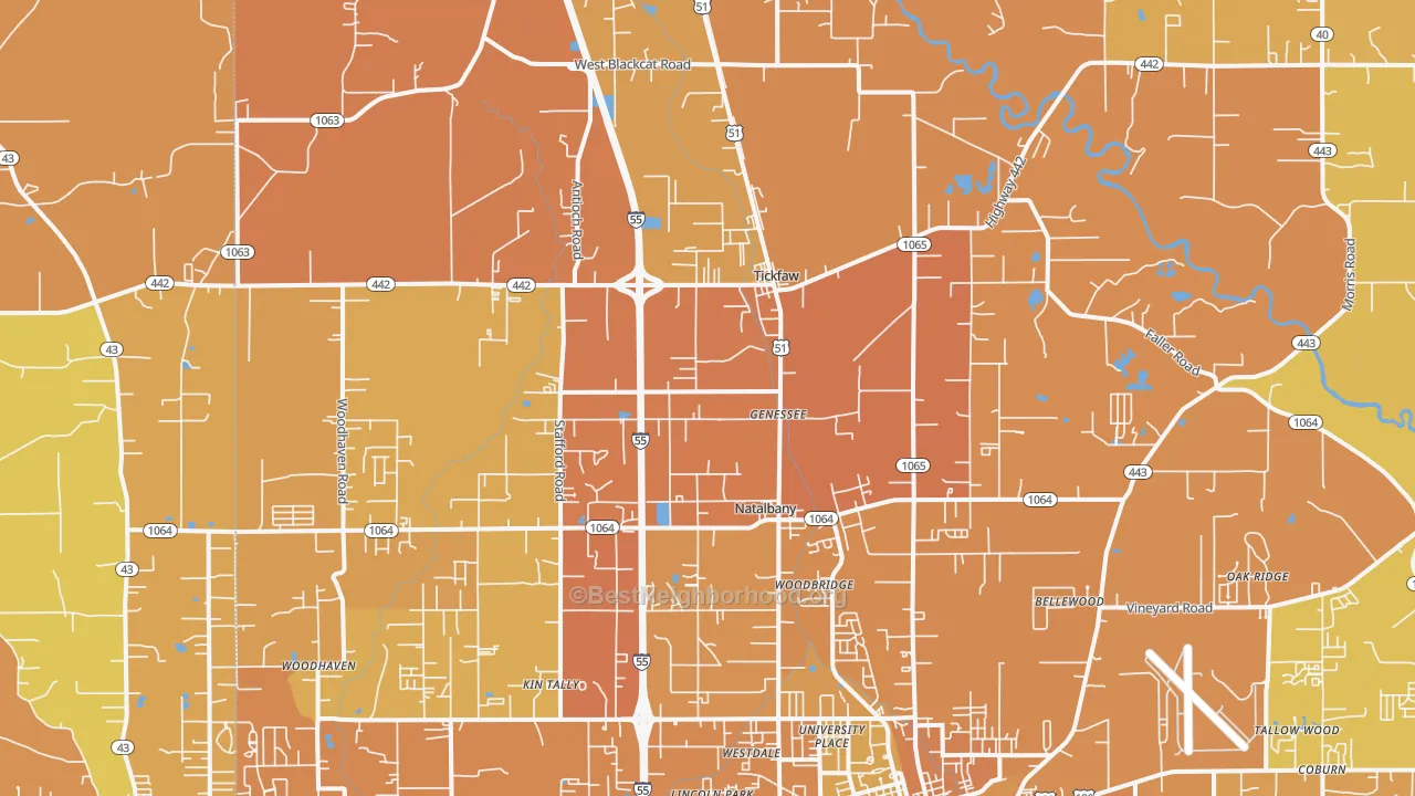Map of the best neighborhoods in the Tickfaw area, with better matches in green and worse matches in red