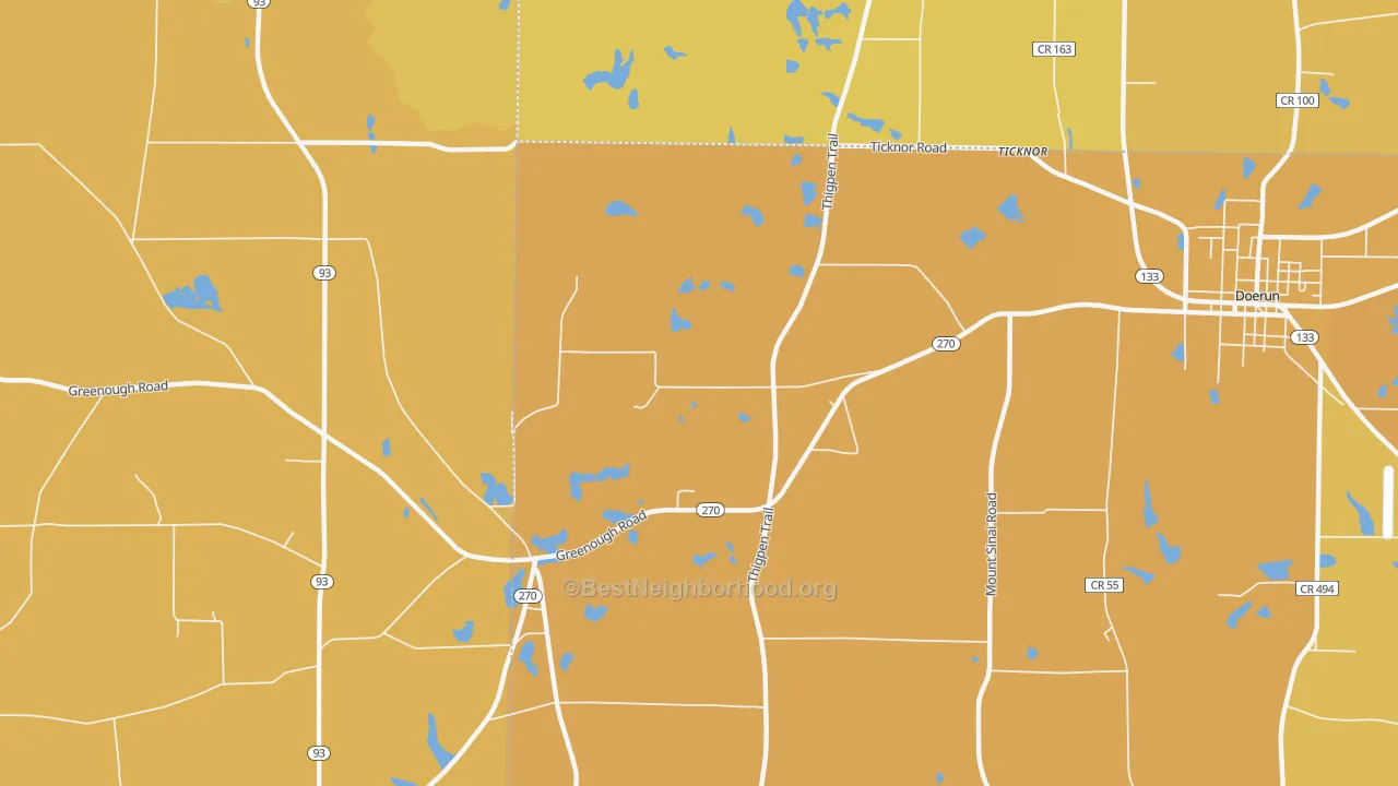 Map of the best neighborhoods in the Ticknor area, with better matches in green and worse matches in red