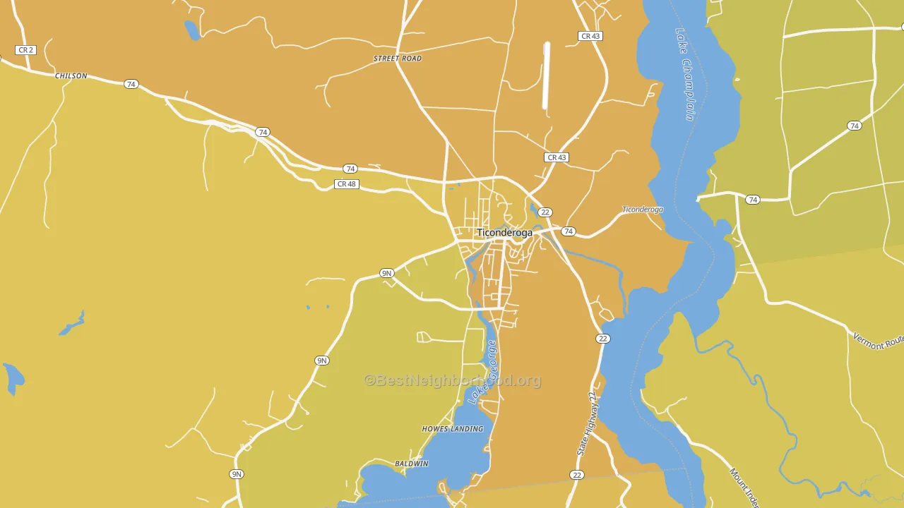 Map of the best neighborhoods in the Ticonderoga area, with better matches in green and worse matches in red