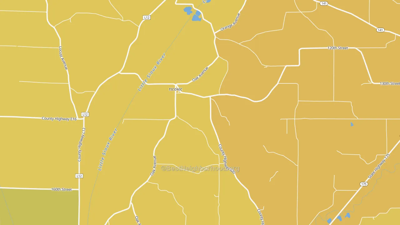 Map of the best neighborhoods in the Ticonic area, with better matches in green and worse matches in red