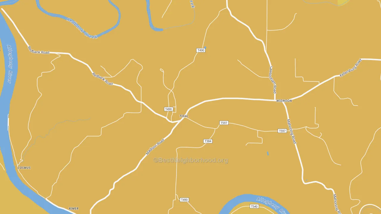 Map of the best neighborhoods in the Tidal area, with better matches in green and worse matches in red