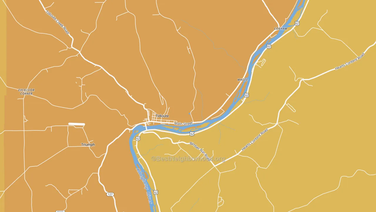 Map of the best neighborhoods in the Tidioute area, with better matches in green and worse matches in red