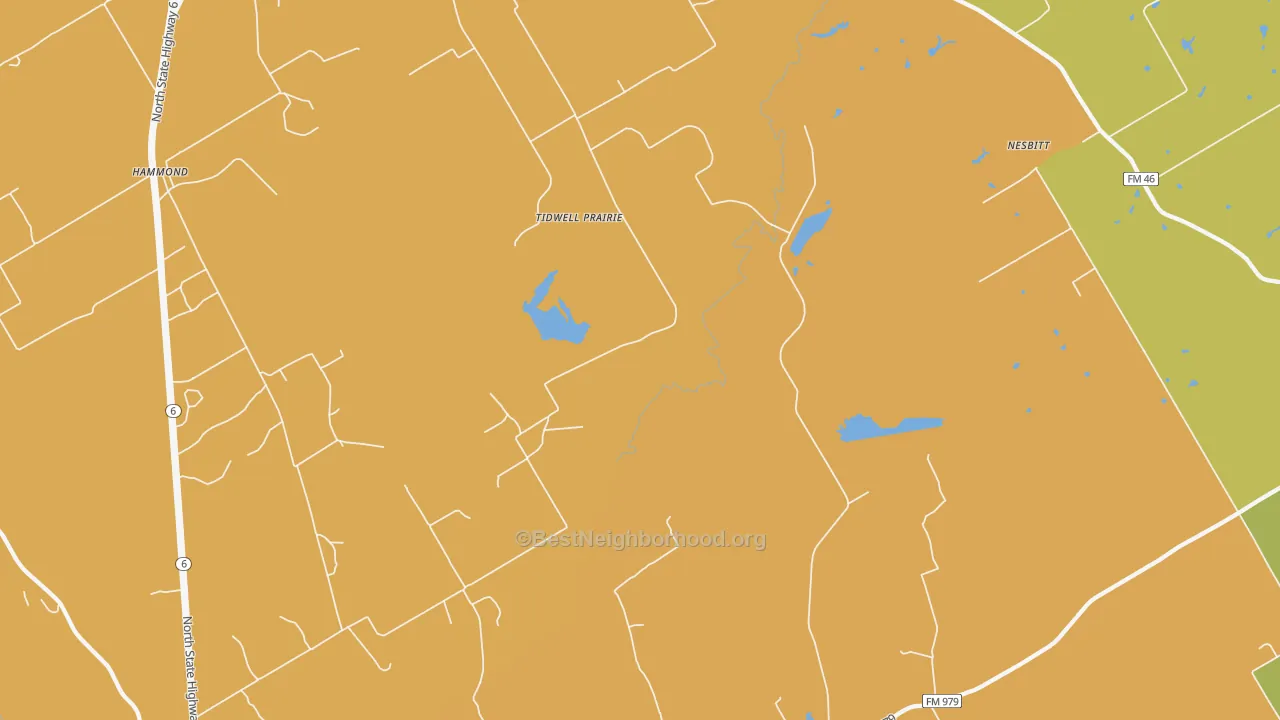 Map of the best neighborhoods in the Tidwell Prairie area, with better matches in green and worse matches in red