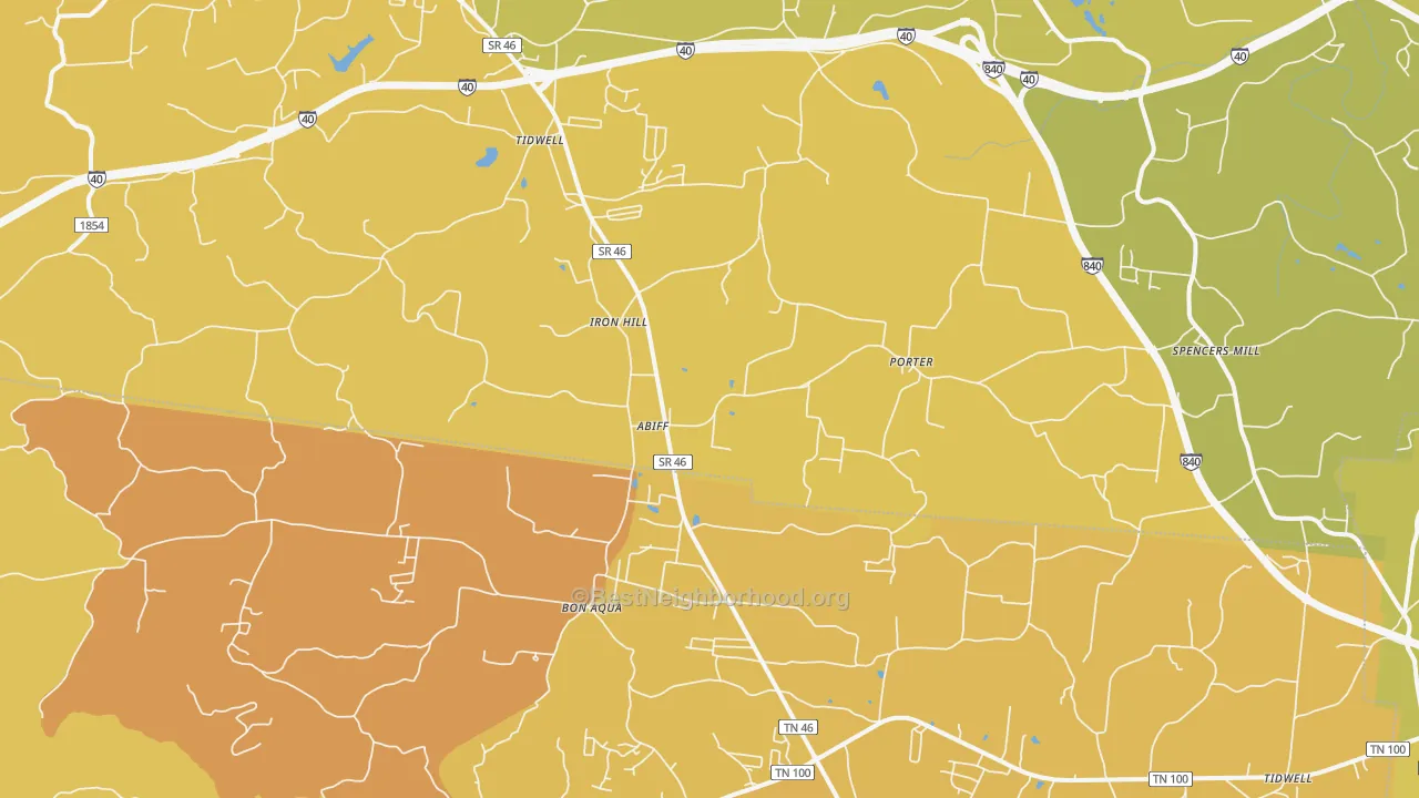 Map of the best neighborhoods in the Tidwell area, with better matches in green and worse matches in red