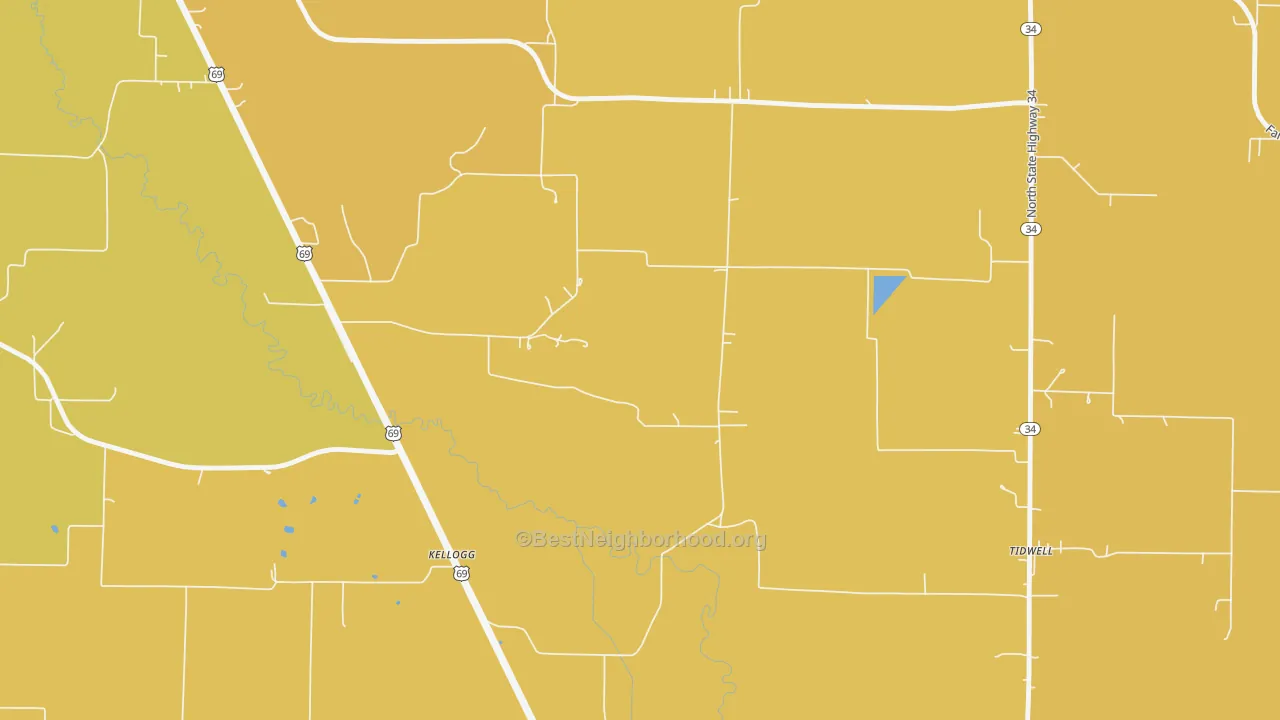 Map of the best neighborhoods in the Tidwell area, with better matches in green and worse matches in red