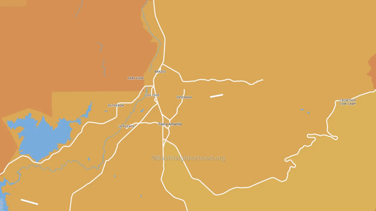 Map of the best neighborhoods in the Tierra Amarilla area, with better matches in green and worse matches in red