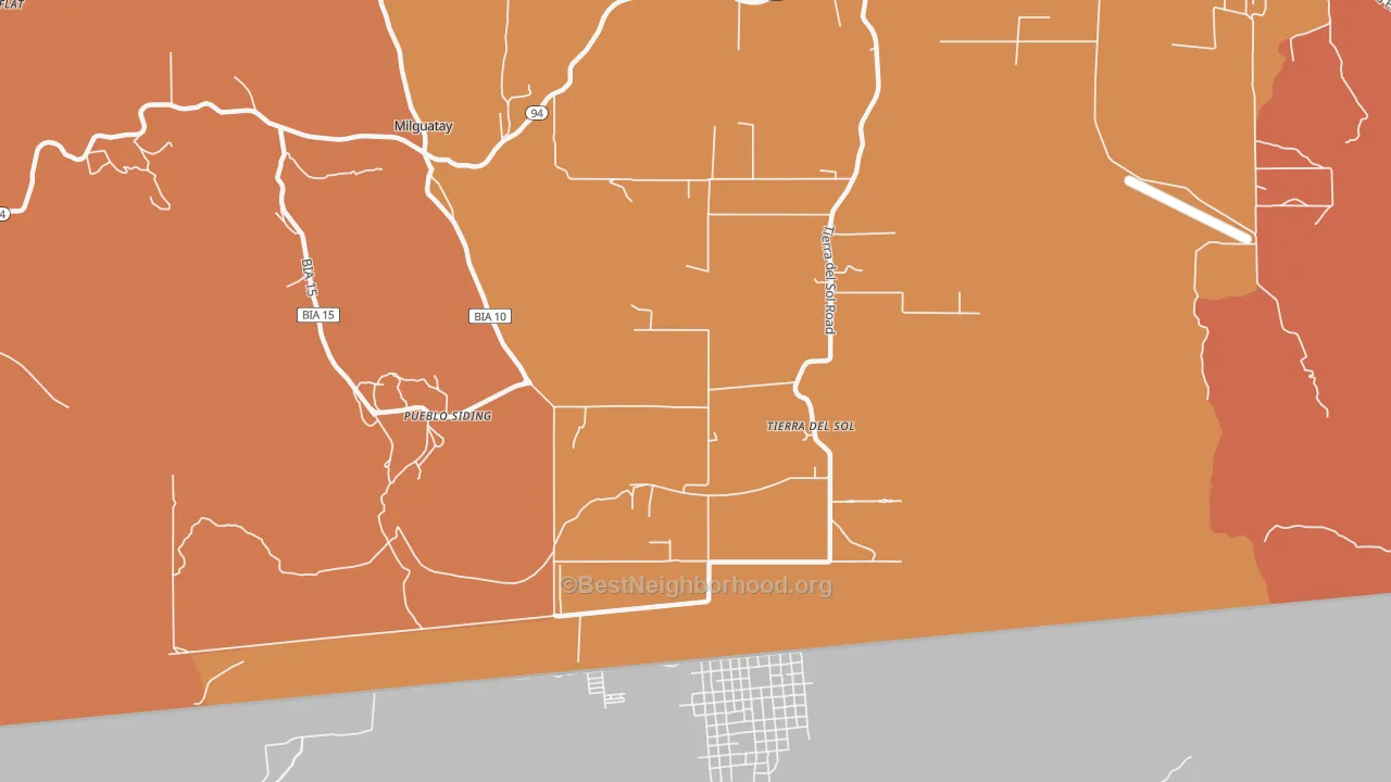 Map of the best neighborhoods in the Tierra del Sol area, with better matches in green and worse matches in red