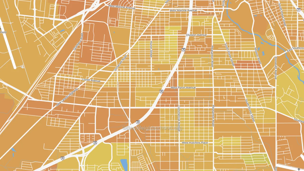 Map of the best neighborhoods in the Tierra Linda, San Antonio area, with better matches in green and worse matches in red