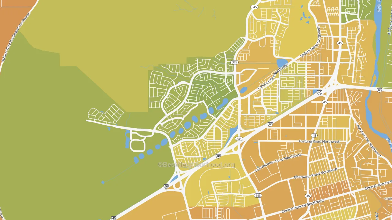 Map of the best neighborhoods in the Tierra Oeste, Albuquerque area, with better matches in green and worse matches in red