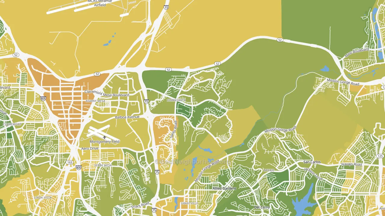 Map of the best neighborhoods in the Tierrasanta, San Diego area, with better matches in green and worse matches in red