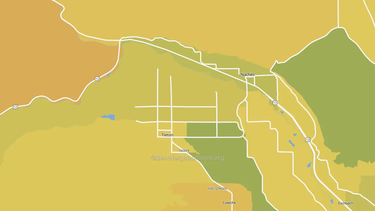 Map of the best neighborhoods in the Tieton area, with better matches in green and worse matches in red