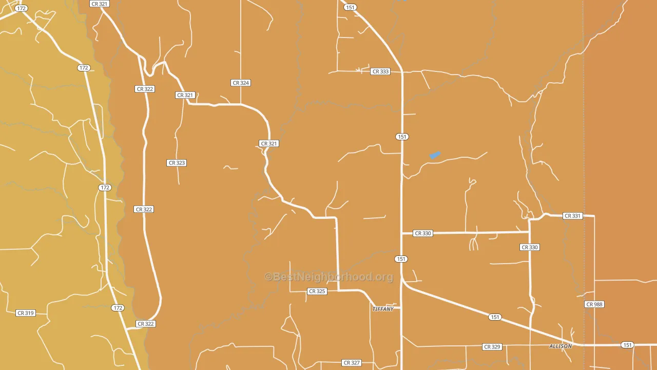 Map of the best neighborhoods in the Tiffany area, with better matches in green and worse matches in red