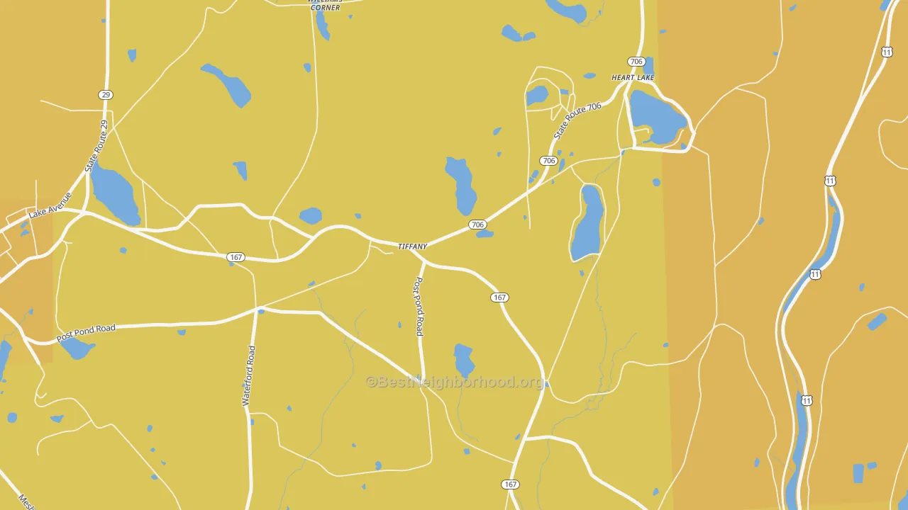 Map of the best neighborhoods in the Tiffany area, with better matches in green and worse matches in red