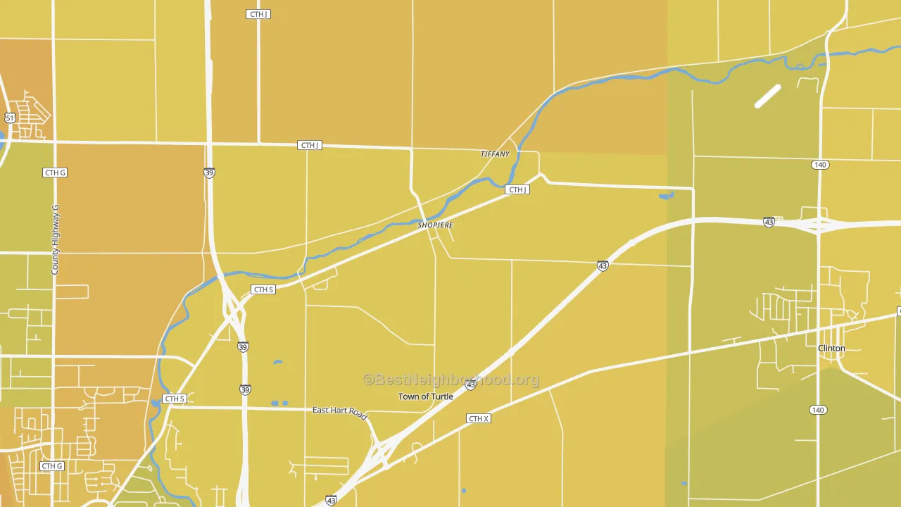 Map of the best neighborhoods in the Tiffany area, with better matches in green and worse matches in red