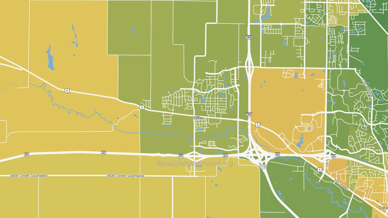 Map of the best neighborhoods in the Tiffin area, with better matches in green and worse matches in red