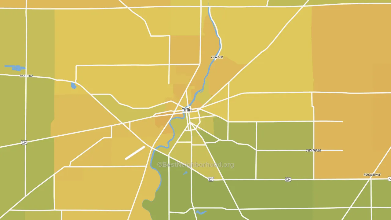 Map of the best neighborhoods in the Tiffin area, with better matches in green and worse matches in red