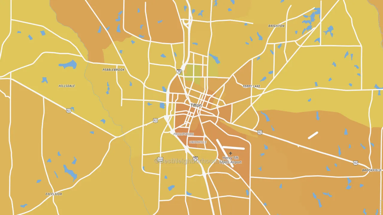Map of the best neighborhoods in the Tift County area, with better matches in green and worse matches in red