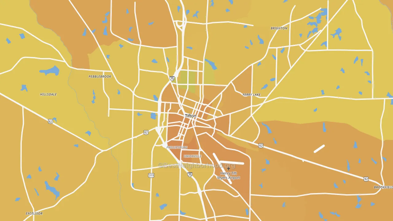 Map of the best neighborhoods in the Tifton area, with better matches in green and worse matches in red