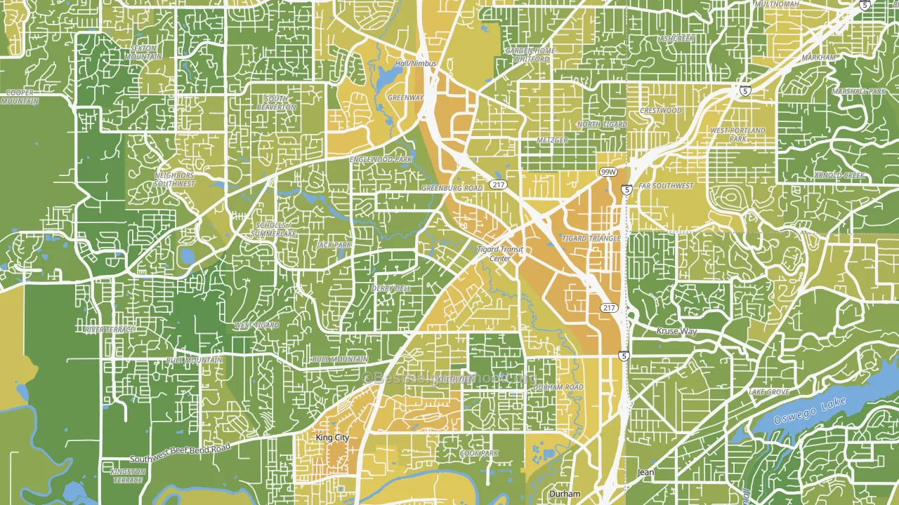 Map of the best neighborhoods in the Tigard area, with better matches in green and worse matches in red