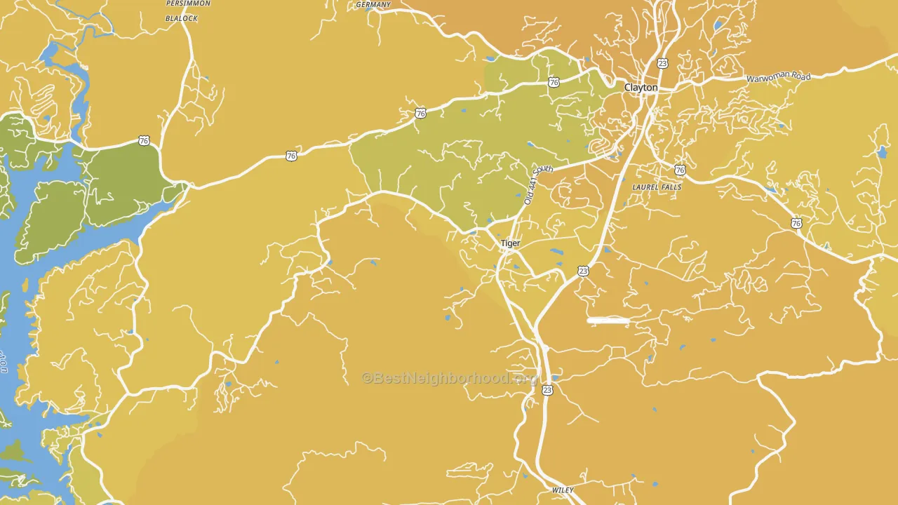 Map of the best neighborhoods in the Tiger area, with better matches in green and worse matches in red