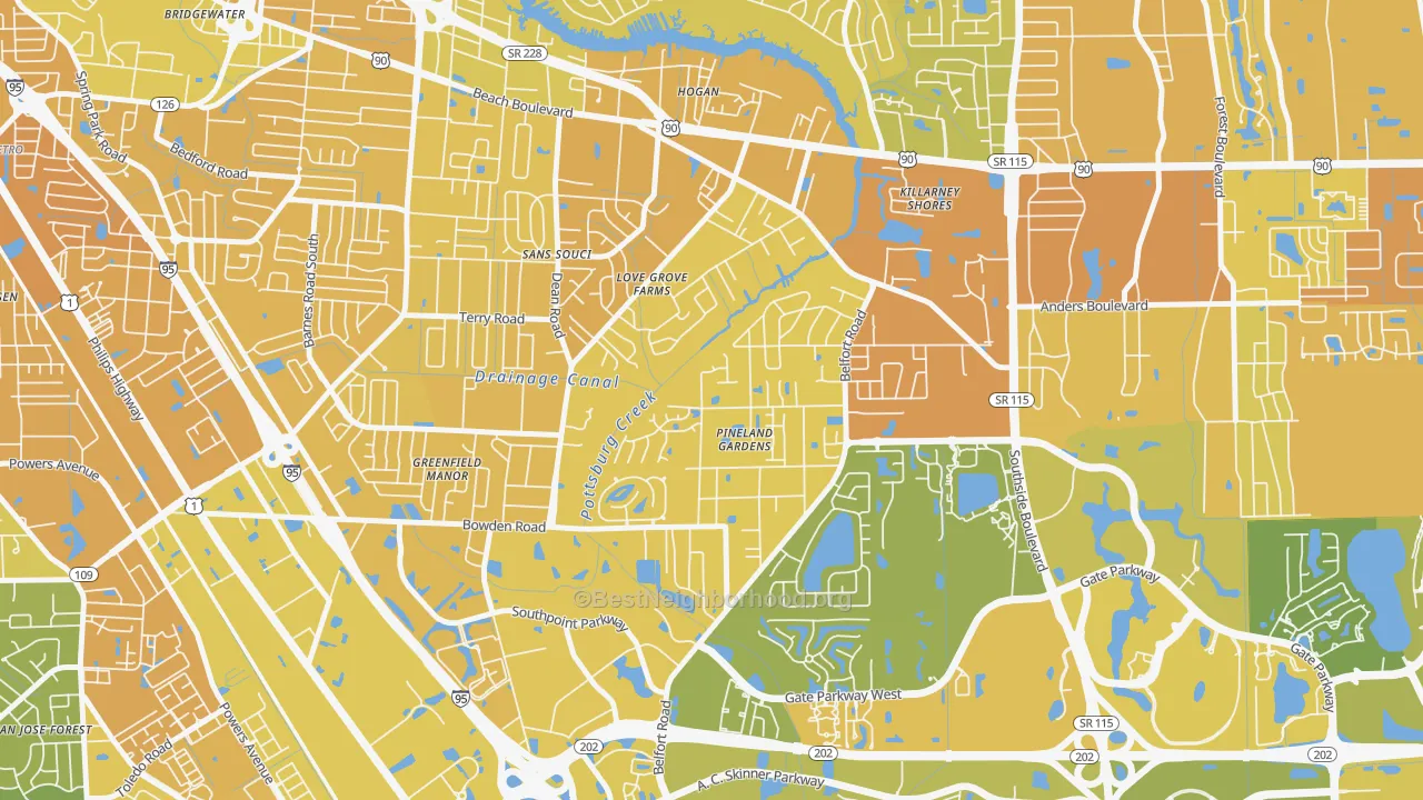Map of the best neighborhoods in the Tiger Hole-Secret Woods, Jacksonville area, with better matches in green and worse matches in red