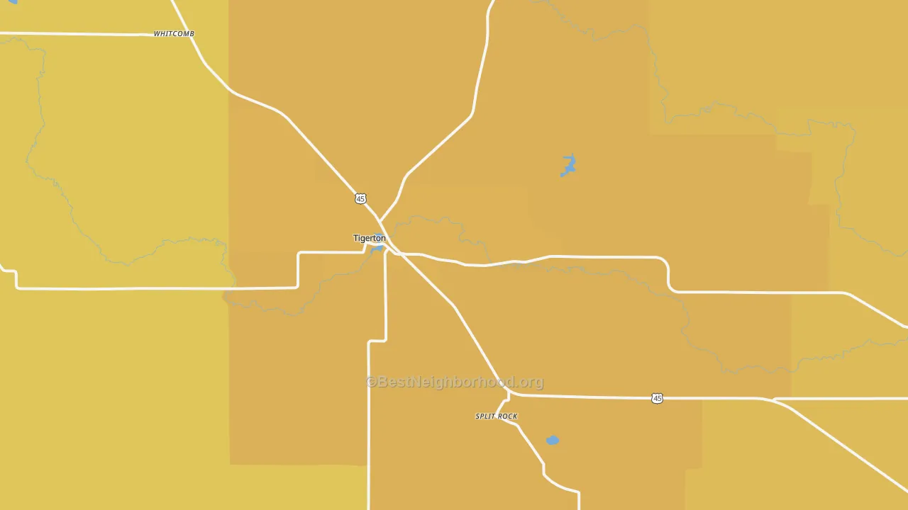 Map of the best neighborhoods in the Tigerton area, with better matches in green and worse matches in red