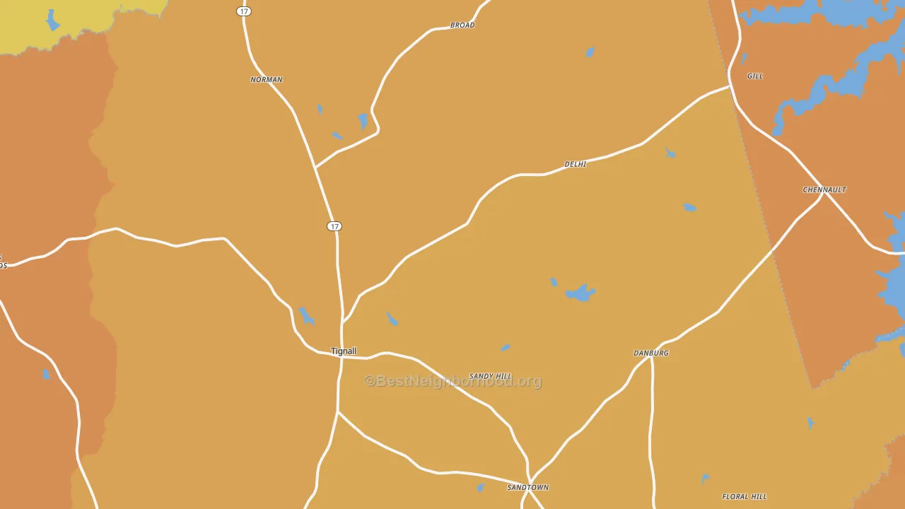 Map of the best neighborhoods in the Tignall area, with better matches in green and worse matches in red