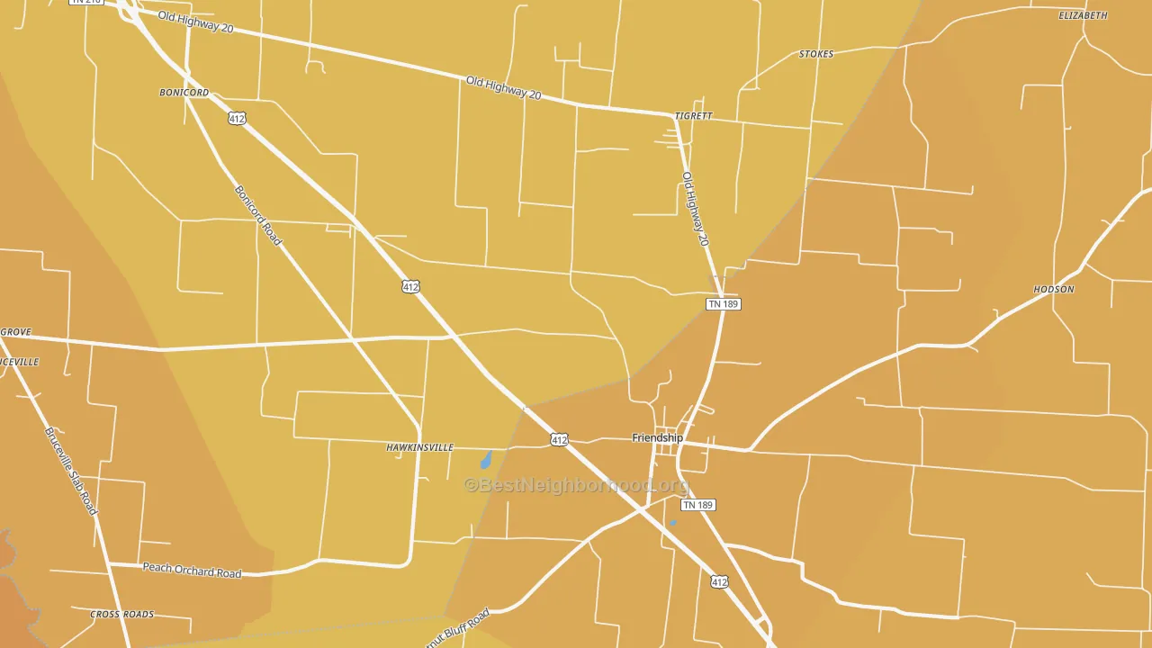 Map of the best neighborhoods in the Tigrett area, with better matches in green and worse matches in red
