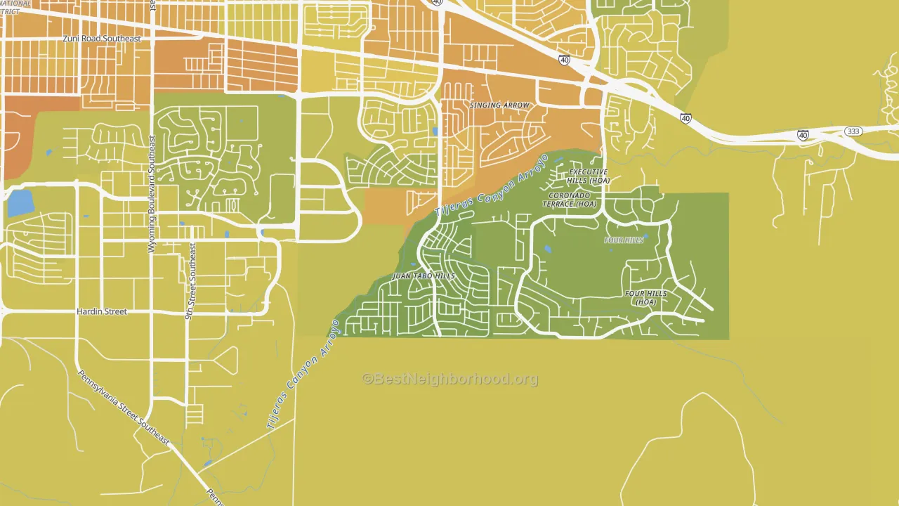 Map of the best neighborhoods in the Tijeras Arroyo, Albuquerque area, with better matches in green and worse matches in red