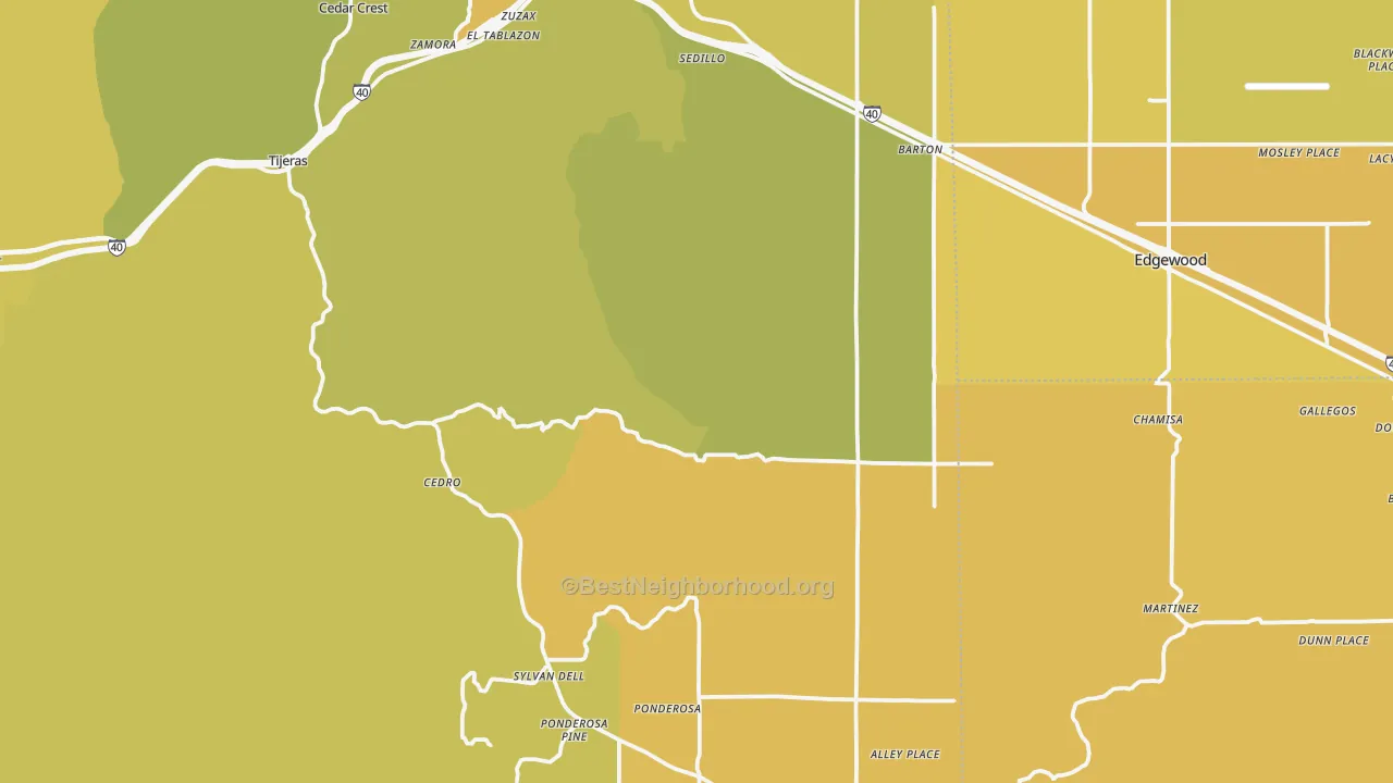 Map of the best neighborhoods in the Tijeras area, with better matches in green and worse matches in red