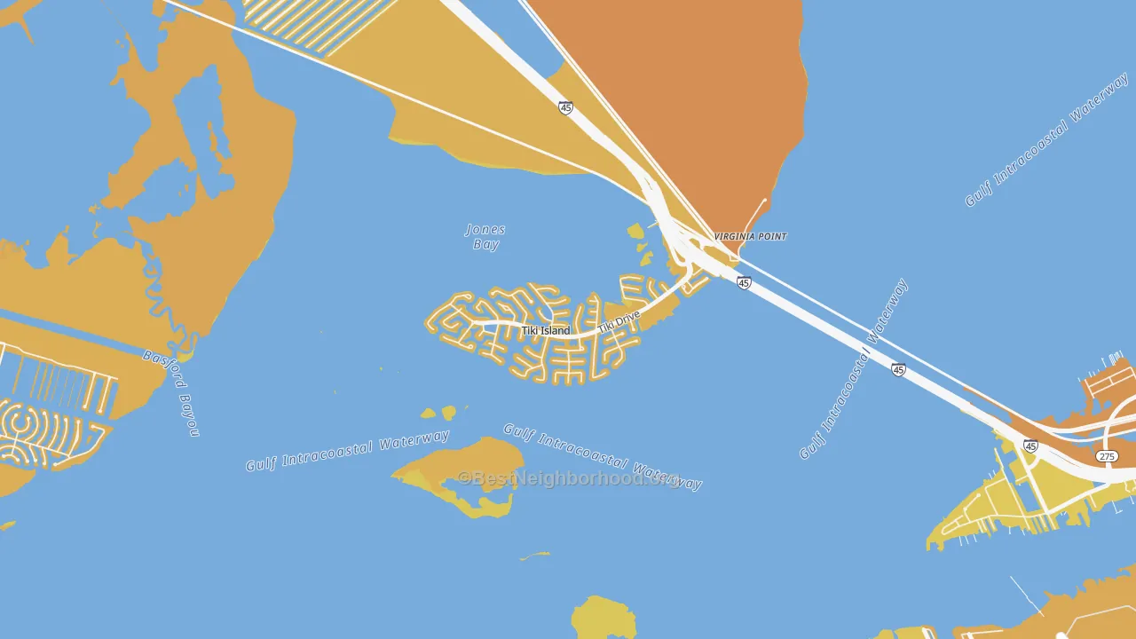 Map of the best neighborhoods in the Tiki Island area, with better matches in green and worse matches in red