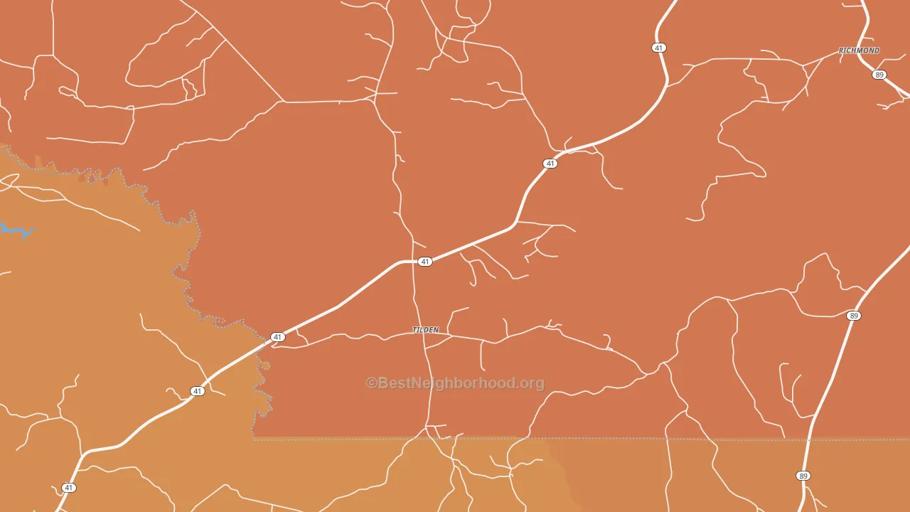 Map of the best neighborhoods in the Tilden area, with better matches in green and worse matches in red
