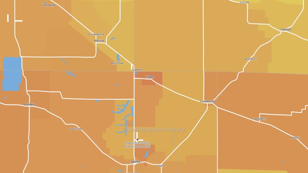 Map of the best neighborhoods in the Tilden area, with better matches in green and worse matches in red