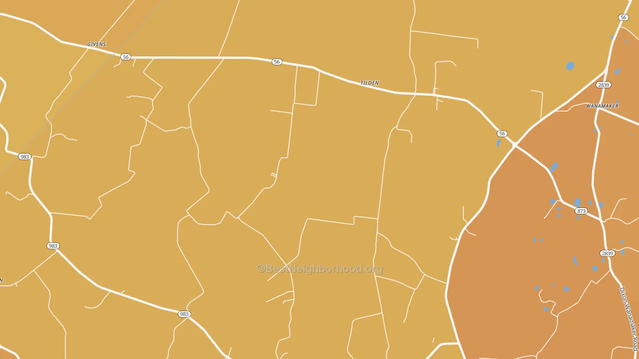 Map of the best neighborhoods in the Tilden area, with better matches in green and worse matches in red