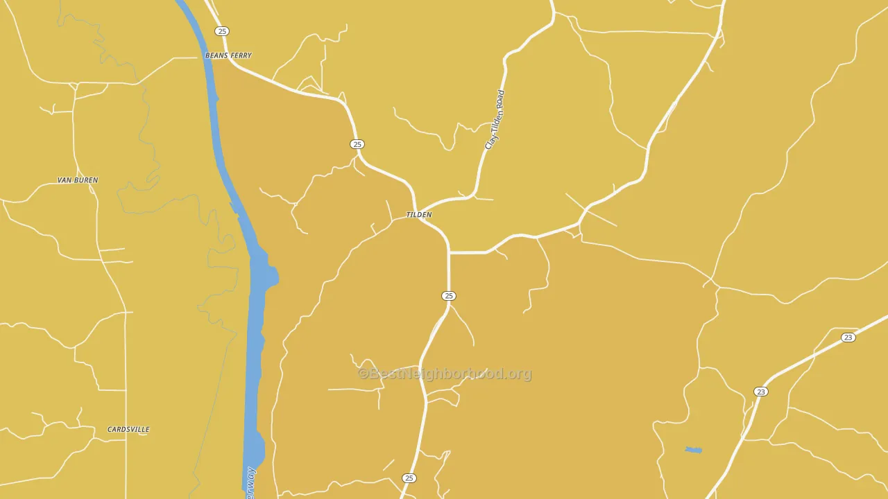 Map of the best neighborhoods in the Tilden area, with better matches in green and worse matches in red