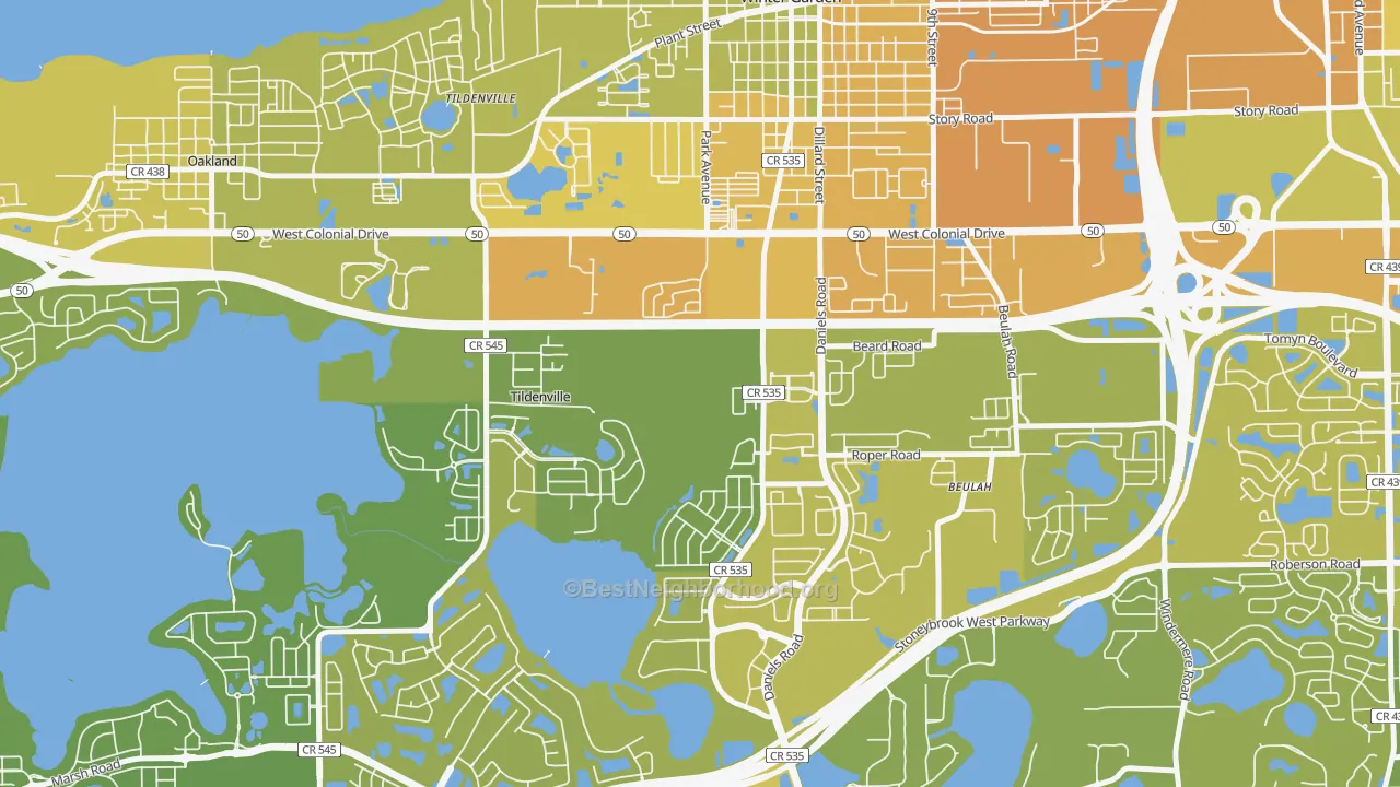 Map of the best neighborhoods in the Tildenville area, with better matches in green and worse matches in red